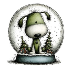 May include: A whimsical illustration of a green and white dog inside a snow globe. Two decorated Christmas trees and wrapped gifts are inside the globe. The dog has a sad expression and is wearing a small pendant.