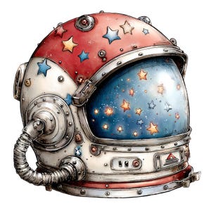 May include: A white and red astronaut helmet featuring a series of blue and yellow stars on the top dome. The visor is tinted blue and filled with glowing yellow and blue stars. A flexible hose is attached to the side of the metallic helmet.