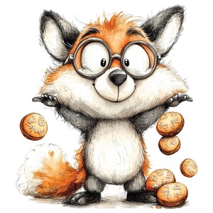 K&ouml;nnte beinhalten: Eine skurrile Illustration eines Fuchses mit Brille, orange-wei&szlig;em Fell, der seine Pfoten ausstreckt. Mehrere runde Kekse mit dekorativer Glasur schweben um den Fuchs herum. Der Fuchs hat einen freundlichen Gesichtsausdruck.
