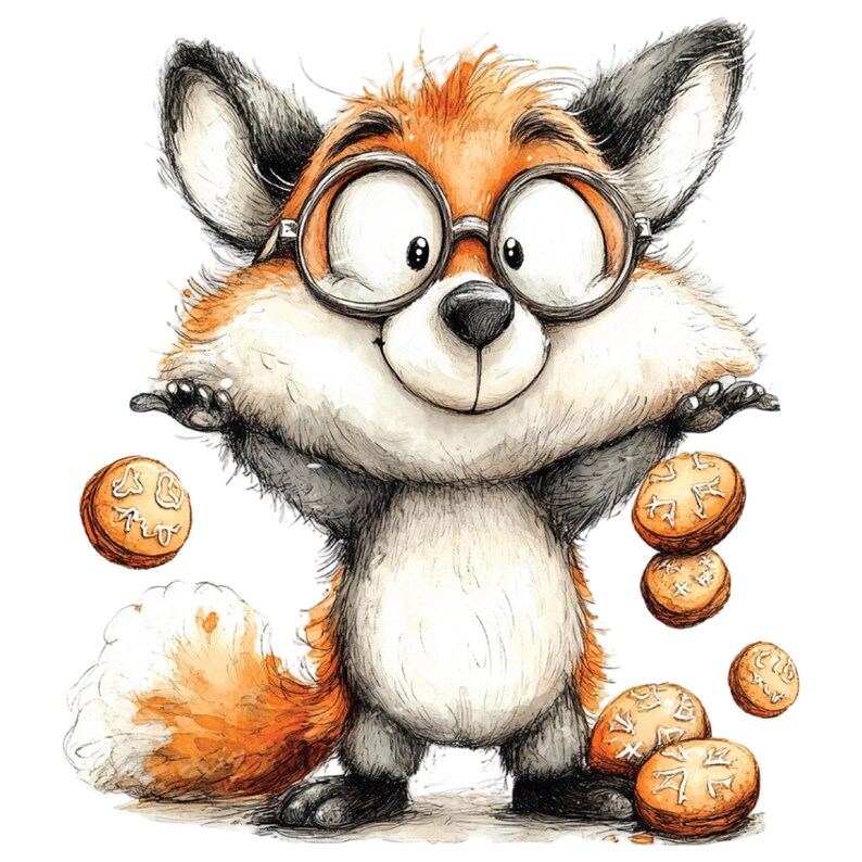 K&ouml;nnte beinhalten: Eine skurrile Illustration eines Fuchses mit Brille, orange-wei&szlig;em Fell, der seine Pfoten ausstreckt. Mehrere runde Kekse mit dekorativer Glasur schweben um den Fuchs herum. Der Fuchs hat einen freundlichen Gesichtsausdruck.