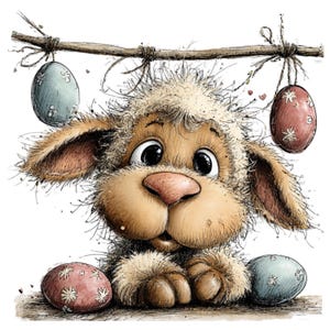 以下が含まれることがあります： 大きな目とピンクの鼻を持つ、ふわふわとした薄茶色の生き物の気まぐれなイラスト。青とピンクの色合いで装飾されたイースターエッグが木の枝から吊り下げられています。このアートワークは、柔らかく、質感のある外観をしています。