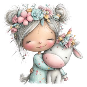 Puede incluir: Ilustraci&oacute;n digital de una ni&ntilde;a abrazando a un unicornio. La ni&ntilde;a tiene cabello gris, mejillas rosadas y lleva una corona floral y un vestido azul claro. El unicornio tiene una nariz rosa y un cuerno arco&iacute;ris, tambi&eacute;n adornado con flores.