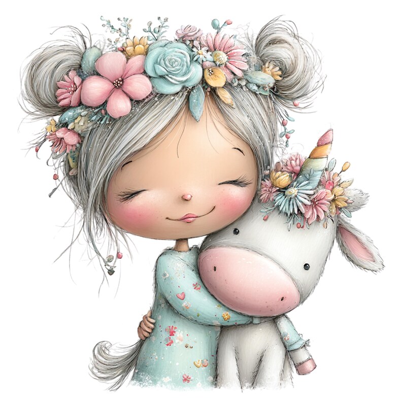 Puede incluir: Ilustraci&oacute;n digital de una ni&ntilde;a abrazando a un unicornio. La ni&ntilde;a tiene cabello gris, mejillas rosadas y lleva una corona floral y un vestido azul claro. El unicornio tiene una nariz rosa y un cuerno arco&iacute;ris, tambi&eacute;n adornado con flores.
