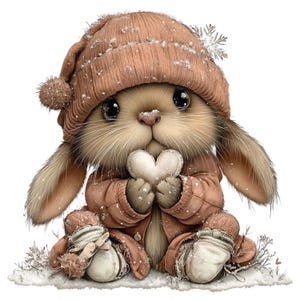 Op de afbeelding: Een schattig, cartoonachtig konijn met een bruine gebreide muts, jas en wanten, met een wit hart. Het konijn zit in de sneeuw, met sneeuwvlokken op zijn muts en jas. Het heeft grote, donkere ogen en lange oren.