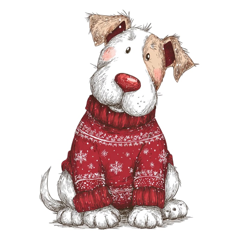 Pu&ograve; includere: Illustrazione disegnata a mano di un cane con un maglione rosso con un motivo a fiocchi di neve. Il cane ha il pelo bianco con macchie marroni, un naso rosso ed &egrave; seduto.