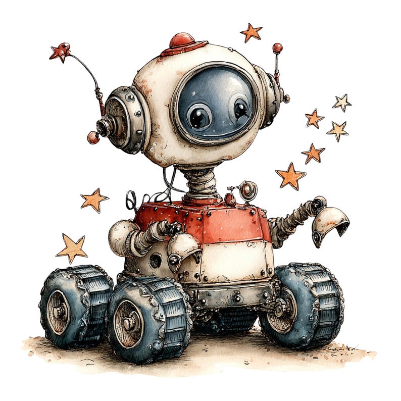 May include: A whimsical robot illustration featuring a large, round, off-white head with a dark blue visor, a red and white torso, and four rugged, dark blue tank-style treads. The robot is surrounded by several small, orange, five-pointed stars.