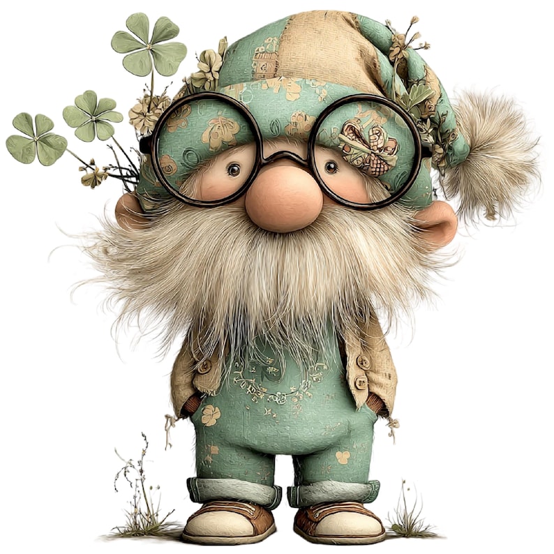 May include: A whimsical gnome illustration. The gnome wears a green outfit, a patterned hat, and round glasses. A long, white beard and a large nose are prominent features. The gnome is holding a sprig of shamrocks, and the overall design has a soft, illustrative style.