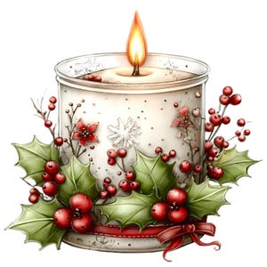 May include: A lit candle in a glass jar, decorated with holly leaves, red berries, and a red ribbon. The candle has a white wax base with snowflake and floral designs. The flame is bright orange and yellow.