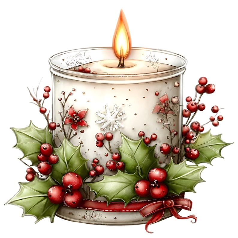 May include: A lit candle in a glass jar, decorated with holly leaves, red berries, and a red ribbon. The candle has a white wax base with snowflake and floral designs. The flame is bright orange and yellow.
