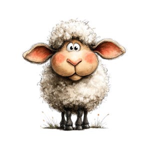 May include: A whimsical illustration of a sheep with fluffy white wool, large ears, and a rosy-cheeked face. The sheep has a cartoonish design with a friendly expression, standing on a patch of grass against a white background. The sheep's legs are black.