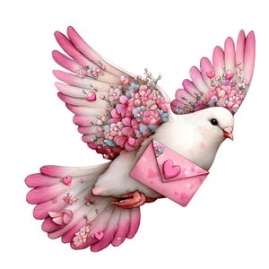 May include: A white dove with pink-tipped wings and tail feathers, carrying a pink envelope with a heart. The dove is adorned with pink and blue flowers and hearts, creating a romantic and whimsical design.