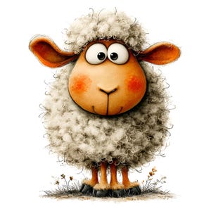 Op de afbeelding: Een cartoon illustratie van een schaap met een pluizige, witte wollen vacht. Het schaap heeft een bruin gezicht met roze wangen, grote ogen en bruine oren. Het staat op een grasveld met kleine bloemen.