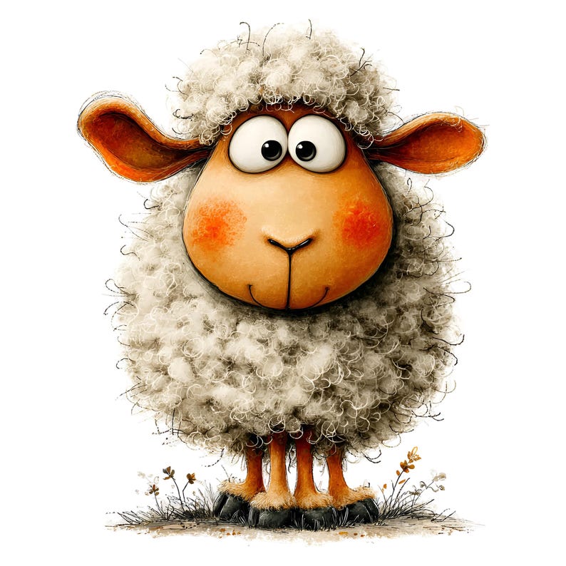 Op de afbeelding: Een cartoon illustratie van een schaap met een pluizige, witte wollen vacht. Het schaap heeft een bruin gezicht met roze wangen, grote ogen en bruine oren. Het staat op een grasveld met kleine bloemen.