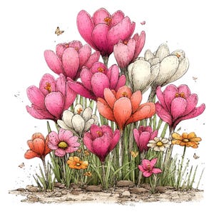 May include: A watercolor illustration of a cluster of spring flowers in shades of pink, orange, white, and yellow. The flowers are surrounded by green grass and small butterflies, set against a white background.