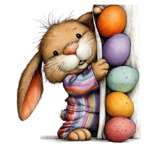May include: A watercolor illustration of a brown bunny peeking around a wooden post. The bunny wears a striped pajama top and is next to a stack of colorful Easter eggs in orange, purple, green, yellow, and red.