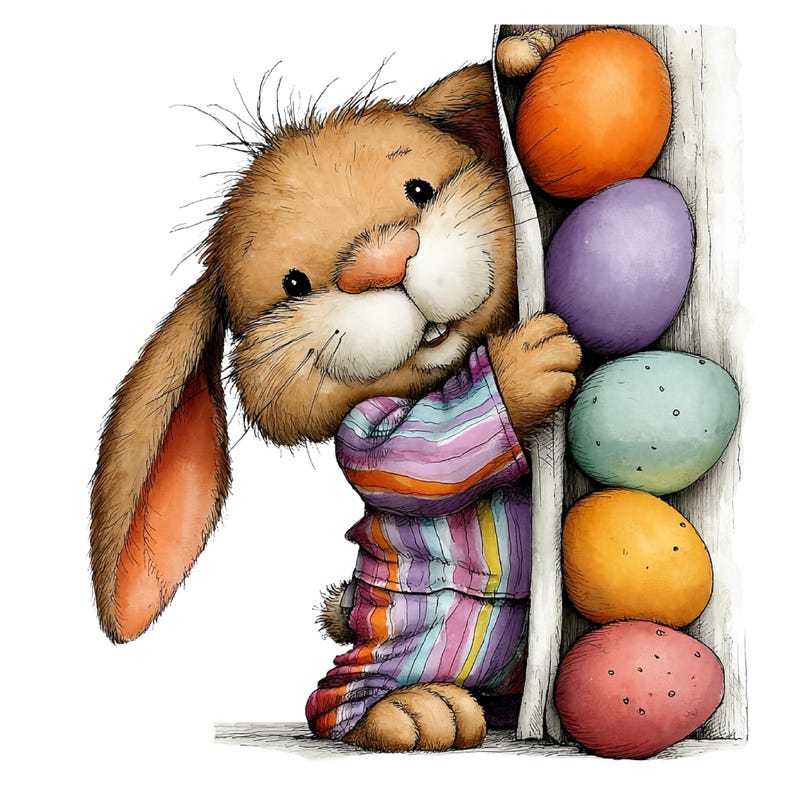 May include: A watercolor illustration of a brown bunny peeking around a wooden post. The bunny wears a striped pajama top and is next to a stack of colorful Easter eggs in orange, purple, green, yellow, and red.