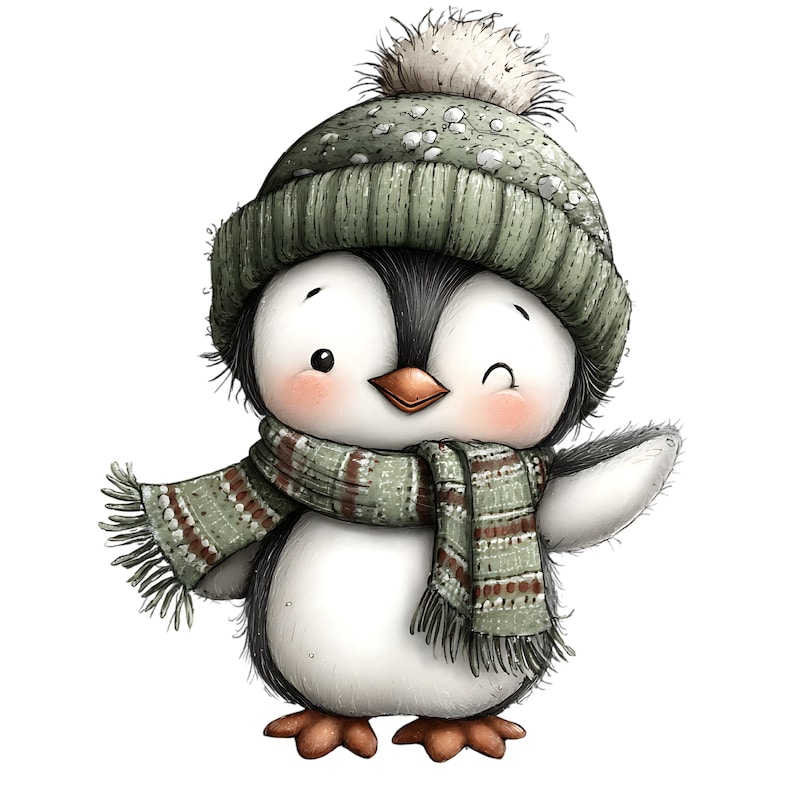 May include: A cartoon penguin illustration wearing a green knit hat with a pom-pom and a matching scarf. The penguin has black and white feathers, a peach-colored beak, and is winking. The scarf has a brown and green pattern.