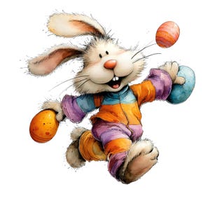 May include: Watercolor illustration of a cheerful Easter bunny in a colorful outfit, holding and tossing decorated Easter eggs. The bunny is depicted with a joyful expression, set against a white background, perfect for Easter-themed products.