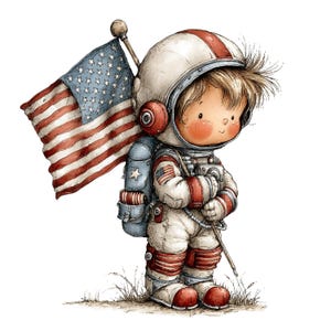 May include: A cartoon-style illustration of a young astronaut wearing a white and red space suit with a matching helmet. The astronaut carries a blue backpack and holds a large American flag on a pole, standing on a patch of textured ground.