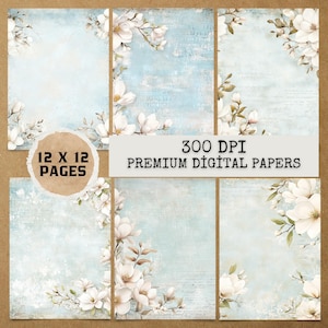 12 JPG Dusty Blue Magnolia Digital Paper Pack,Journal Printable Pages,Scrapbook printable, paper wall art,Commercial Use Clipart