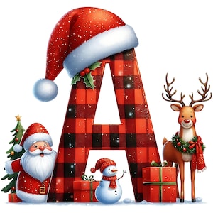 May include: A Christmas-themed illustration featuring a large letter "A" in a red and black plaid pattern, topped with a Santa hat. Santa Claus, a snowman, and a reindeer are positioned around the letter, along with wrapped gifts and a Christmas tree.