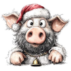 K&ouml;nnte beinhalten: Eine skurrile Illustration eines Schweins mit Weihnachtsm&uuml;tze und Bart. Das Schwein hat eine gro&szlig;e rosa Schnauze, gro&szlig;e Augen und eine goldene Glockenkette. Das Bild ist eine festliche Cartoon-Zeichnung, ideal f&uuml;r Produkte zum Thema Weihnachten.