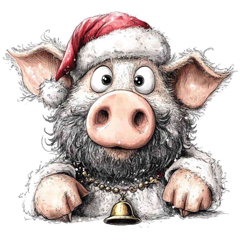 K&ouml;nnte beinhalten: Eine skurrile Illustration eines Schweins mit Weihnachtsm&uuml;tze und Bart. Das Schwein hat eine gro&szlig;e rosa Schnauze, gro&szlig;e Augen und eine goldene Glockenkette. Das Bild ist eine festliche Cartoon-Zeichnung, ideal f&uuml;r Produkte zum Thema Weihnachten.