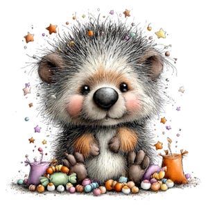 May include: A fluffy hedgehog illustration with spiky grey and white fur, a large black nose, and pink cheeks. The hedgehog is surrounded by colorful small candies, a purple bag, an orange bag, and floating star shapes on a white background.