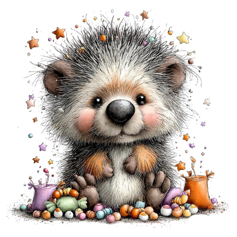 May include: A fluffy hedgehog illustration with spiky grey and white fur, a large black nose, and pink cheeks. The hedgehog is surrounded by colorful small candies, a purple bag, an orange bag, and floating star shapes on a white background.