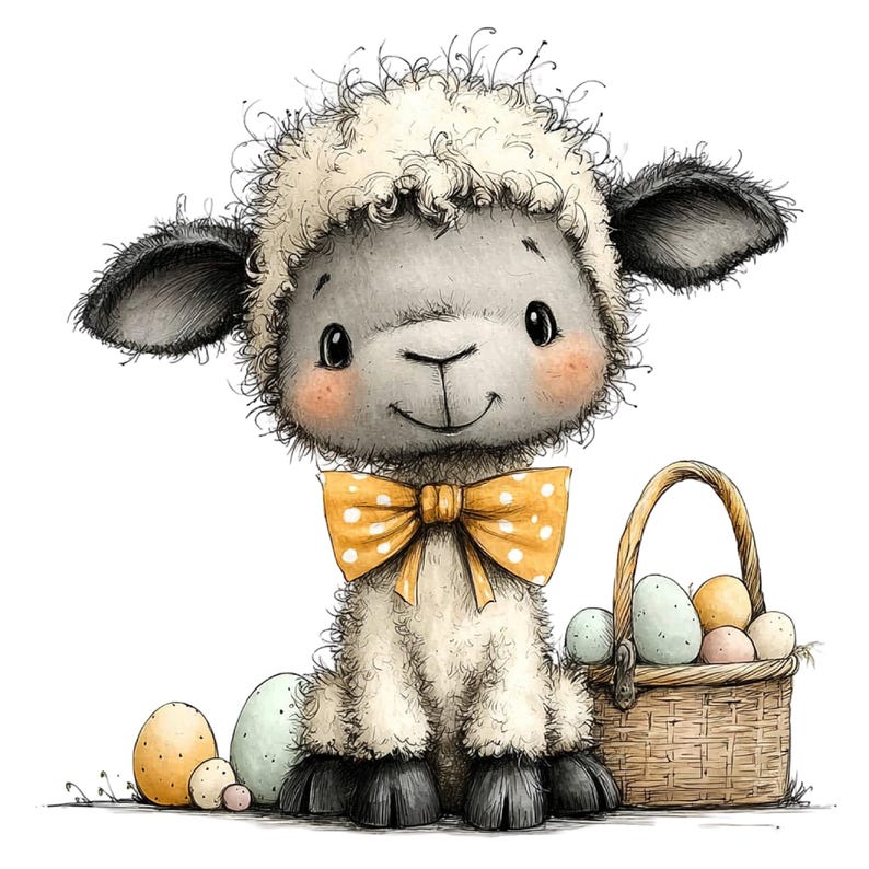 May include: A cute cartoon lamb with a yellow polka-dot bow tie and black hooves. The lamb is surrounded by Easter eggs and a woven basket filled with more eggs. The lamb has a fluffy white coat and large black ears. The image has a soft, watercolor style.