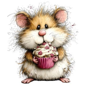 May include: A whimsical illustration of a hamster holding a cupcake. The hamster has brown and white fur, pink ears and nose, and is eating the cupcake with a white frosting and pink flower decorations. The cupcake is in a pink paper cup.