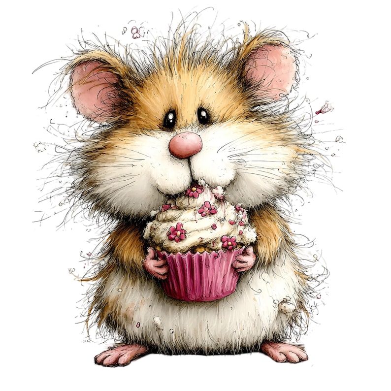 May include: A whimsical illustration of a hamster holding a cupcake. The hamster has brown and white fur, pink ears and nose, and is eating the cupcake with a white frosting and pink flower decorations. The cupcake is in a pink paper cup.