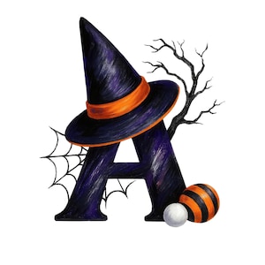 Könnte beinhalten: Eine Halloween-Illustration mit dem Buchstaben "A" in Lila, verziert mit einem Hexenhut mit orangefarbenem Band. Ein Spinnennetz, ein kahler Ast und zwei dekorative Kugeln vervollständigen das Design. Die Kugeln sind weiß und orange gestreift.