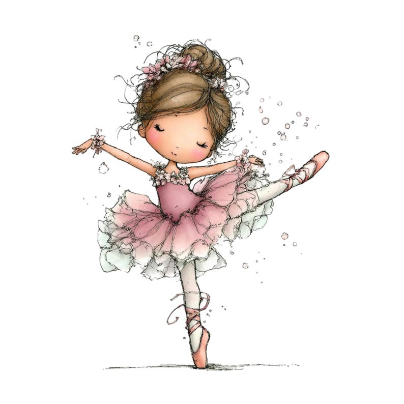 May include: A watercolor illustration of a ballerina in a pink tutu and pointe shoes. The ballerina has brown hair styled in a bun and wears a floral crown and wristlets. The image has a soft, whimsical feel with delicate details.