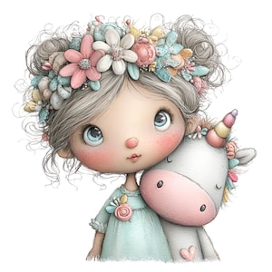 Puede incluir: Ilustraci&oacute;n digital de una ni&ntilde;a con cabello gris y ojos azules, que lleva una corona de flores y un vestido azul claro, abrazando a un unicornio blanco con un hocico rosa y un cuerno colorido. La imagen tiene una paleta de colores pastel suaves.