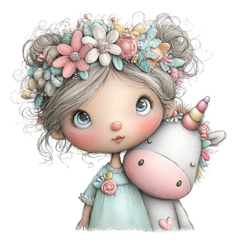 Puede incluir: Ilustraci&oacute;n digital de una ni&ntilde;a con cabello gris y ojos azules, que lleva una corona de flores y un vestido azul claro, abrazando a un unicornio blanco con un hocico rosa y un cuerno colorido. La imagen tiene una paleta de colores pastel suaves.