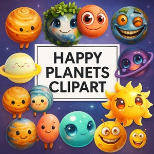 Happy Planets Clipart: Watercolor Solar System PNG, Space Kids Illustration (Commercial Use, Digital Download)