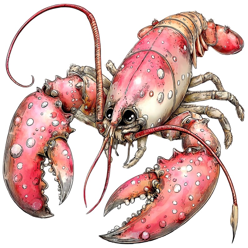 May include: A detailed illustration of a lobster with a pink and white shell. The lobster has large claws, long antennae, and big, expressive eyes. The artwork is done in a watercolor style, with visible brushstrokes and shading.