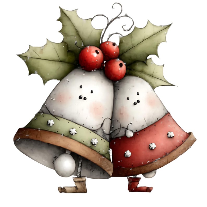 May include: Watercolor illustration of two Christmas bells with rosy cheeks, wearing green and red outfits. The bells are adorned with holly leaves and red berries. The bells have a whimsical, cartoon-like appearance, perfect for holiday decorations.