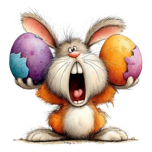 May include: A cartoon illustration of an Easter bunny with a surprised expression, holding two cracked Easter eggs. The bunny has orange and white fur, large ears, and a wide open mouth. One egg is purple with blue accents, the other is orange with pink accents.