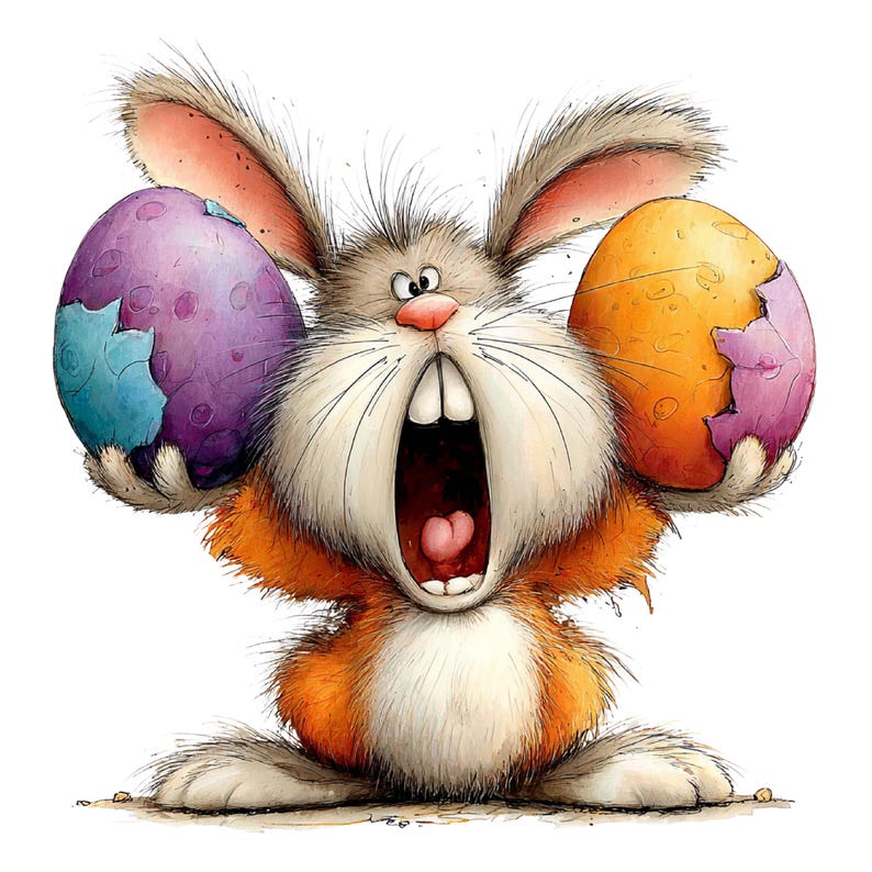 May include: A cartoon illustration of an Easter bunny with a surprised expression, holding two cracked Easter eggs. The bunny has orange and white fur, large ears, and a wide open mouth. One egg is purple with blue accents, the other is orange with pink accents.
