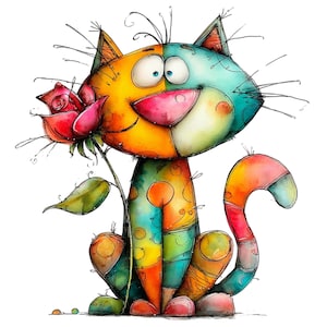 Quirky Valentine-katter PNG-set: Rolig romantisk akvarell clipart-paket 35 PNG