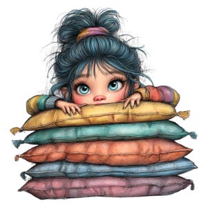K&ouml;nnte beinhalten: Illustration eines jungen M&auml;dchens mit blauen Haaren und gro&szlig;en blauen Augen, das &uuml;ber einen Stapel bunter Kissen blickt. Die Kissen sind in Gelb-, T&uuml;rkis-, Orange-, Blau- und Rosat&ouml;nen gehalten und schaffen eine skurrile und verspielte Szene.