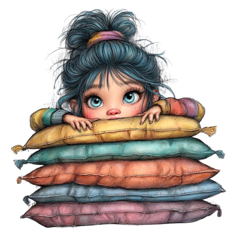K&ouml;nnte beinhalten: Illustration eines jungen M&auml;dchens mit blauen Haaren und gro&szlig;en blauen Augen, das &uuml;ber einen Stapel bunter Kissen blickt. Die Kissen sind in Gelb-, T&uuml;rkis-, Orange-, Blau- und Rosat&ouml;nen gehalten und schaffen eine skurrile und verspielte Szene.