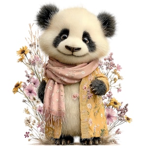 May include: A charming illustration of a panda bear wearing a yellow floral coat and a pink scarf. The panda has black and white fur and is surrounded by colorful flowers, creating a whimsical and cheerful scene.