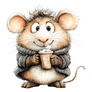 K&ouml;nnte beinhalten: Aquarellillustration einer l&auml;chelnden Maus mit grauem Pullover und braunen Handschuhen, die eine Kaffeetasse h&auml;lt. Die Maus hat gro&szlig;e Ohren, eine rosa Nase und einen langen Schwanz. Der Kaffeebecher hat ein braunes Papierdesign und ist mit einem wei&szlig;en, schaumigen Getr&auml;nk gef&uuml;llt.