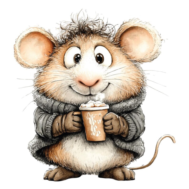 K&ouml;nnte beinhalten: Aquarellillustration einer l&auml;chelnden Maus mit grauem Pullover und braunen Handschuhen, die eine Kaffeetasse h&auml;lt. Die Maus hat gro&szlig;e Ohren, eine rosa Nase und einen langen Schwanz. Der Kaffeebecher hat ein braunes Papierdesign und ist mit einem wei&szlig;en, schaumigen Getr&auml;nk gef&uuml;llt.