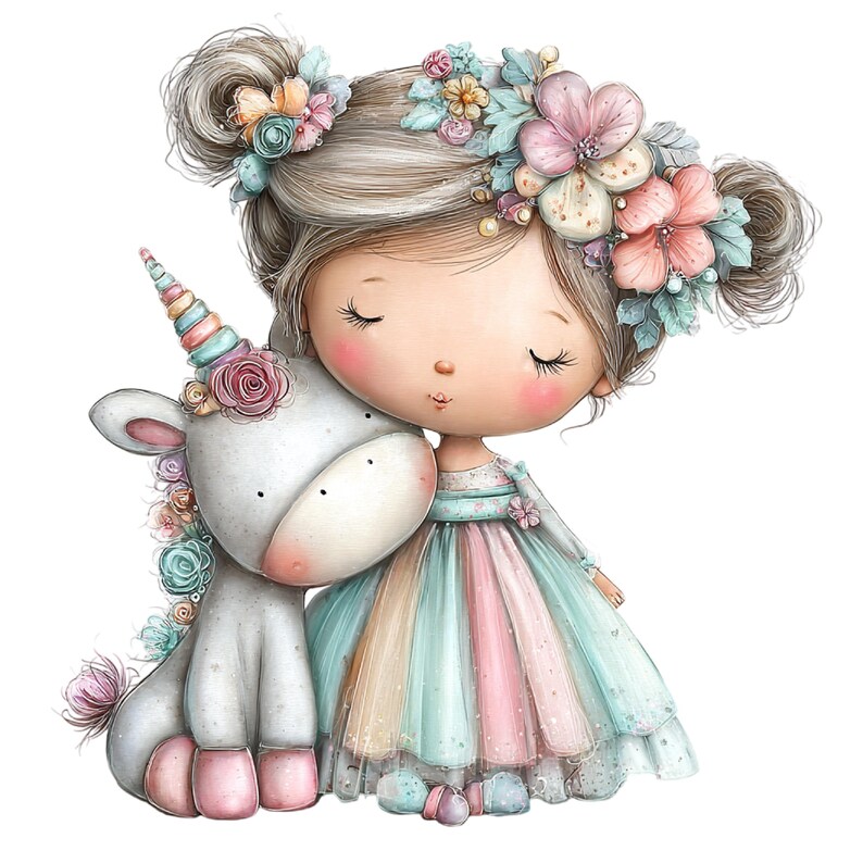Puede incluir: Ilustraci&oacute;n digital de una ni&ntilde;a con los ojos cerrados abrazando un unicornio blanco. La ni&ntilde;a lleva un vestido pastel y una corona de flores. El unicornio tiene un cuerno colorido y est&aacute; adornado con flores.