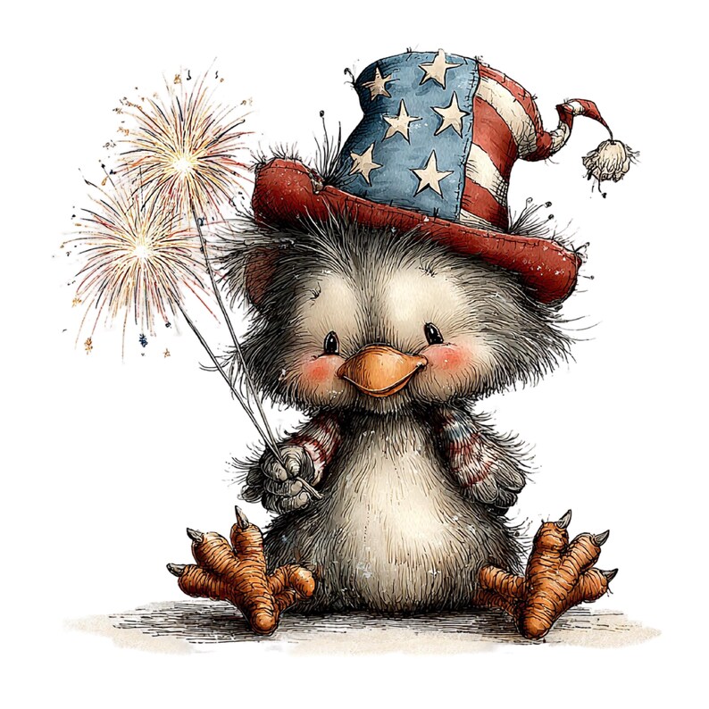 Puede incluir: Un simp&aacute;tico ping&uuml;ino de dibujos animados con un sombrero patri&oacute;tico, sosteniendo fuegos artificiales. El ping&uuml;ino lleva una bufanda a rayas rojas, blancas y azules y est&aacute; sentado. La imagen es de estilo acuarela.