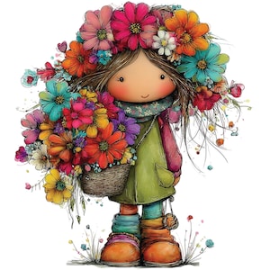 Puede incluir: Ilustración caprichosa de una figura similar a una muñeca adornada con una vibrante corona floral y sosteniendo una cesta llena de flores coloridas. La figura lleva un abrigo verde, una bufanda y botas, creando un diseño alegre y artístico.